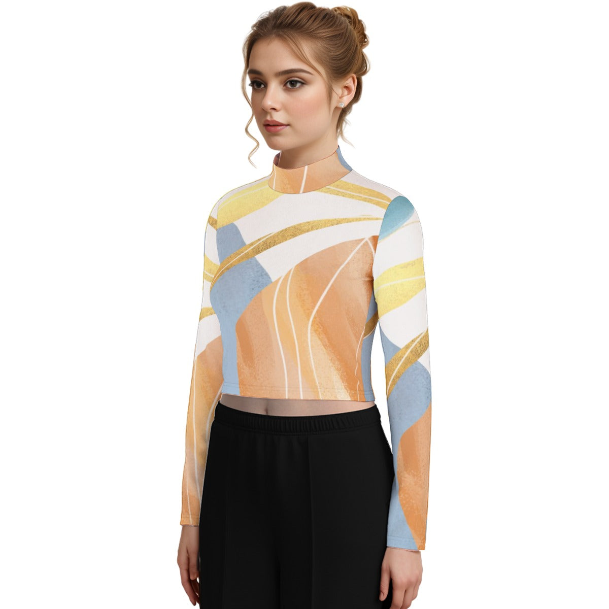 Eco-Friendly All-Over Print Women's Turtleneck T-shirt With Long Sleeve