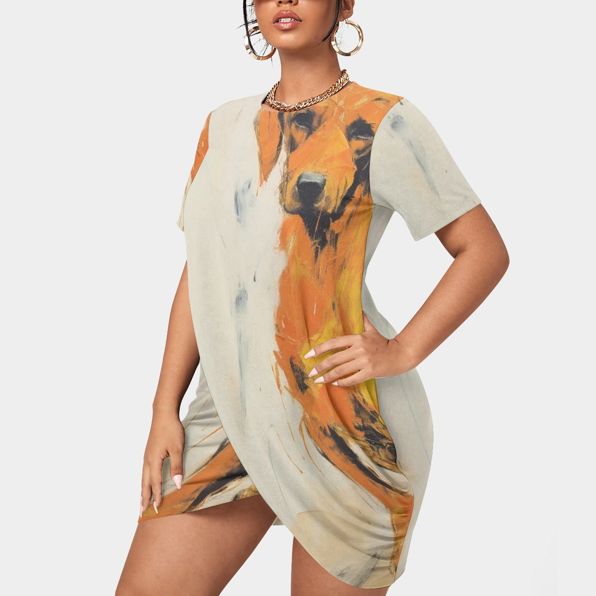 All-Over Print Women’s Stacked Hem Dress With Short Sleeve（Plus Size）