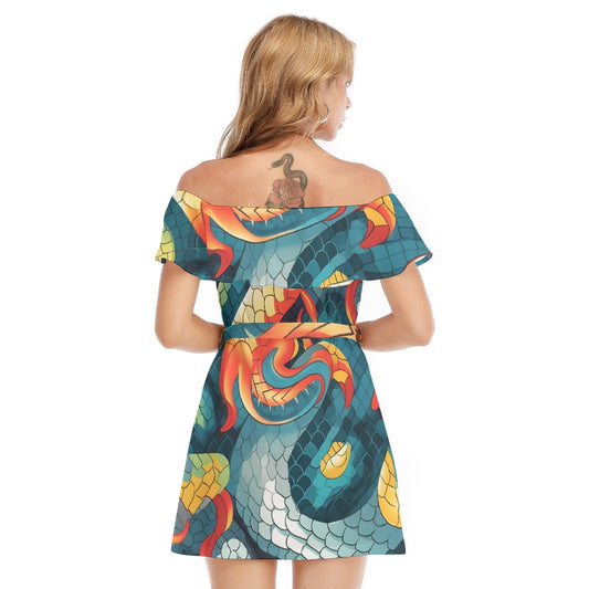 All-Over Print Women's Off-shoulder Dress With Ruffle