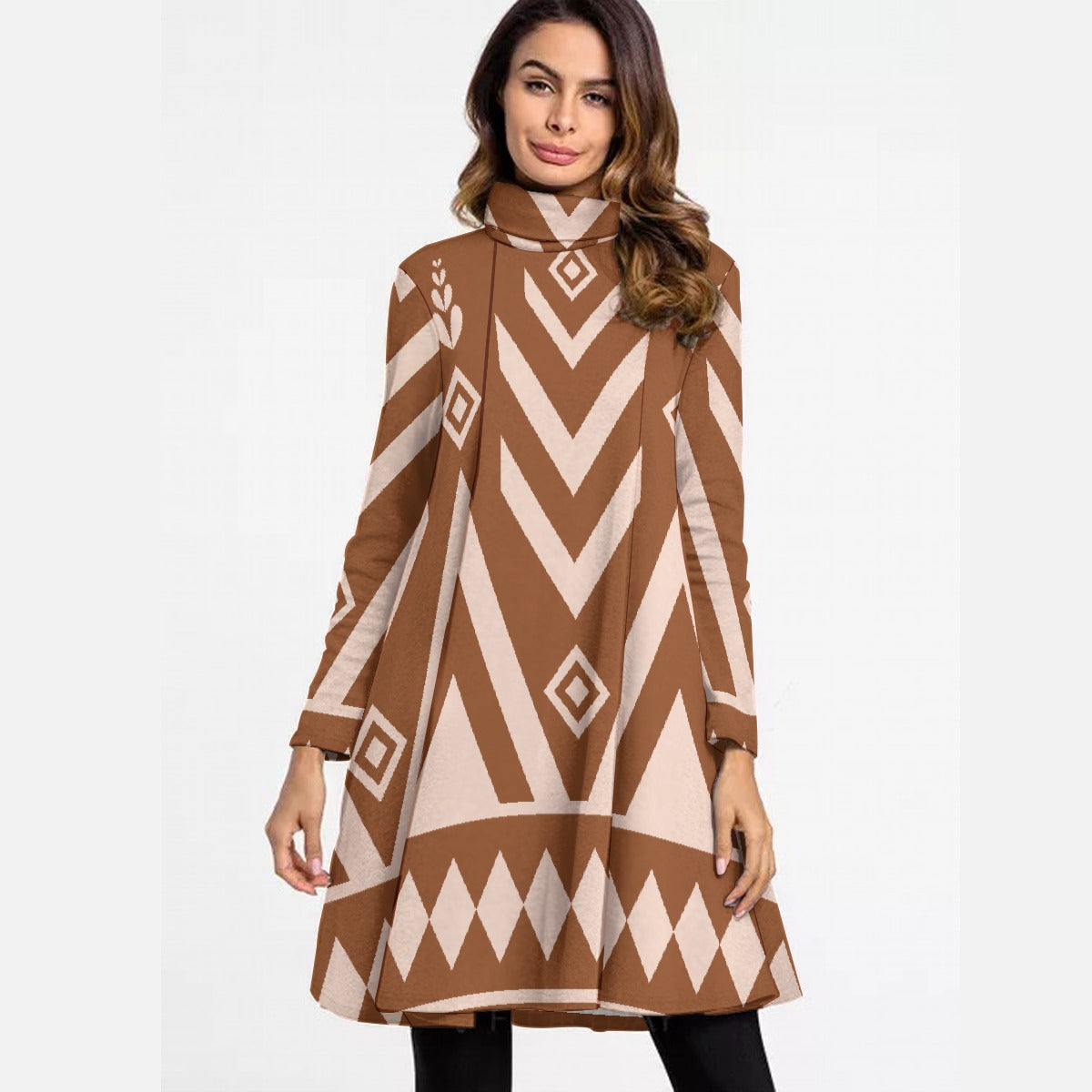 All-Over Print Women's High Neck Dress With Long Sleeve