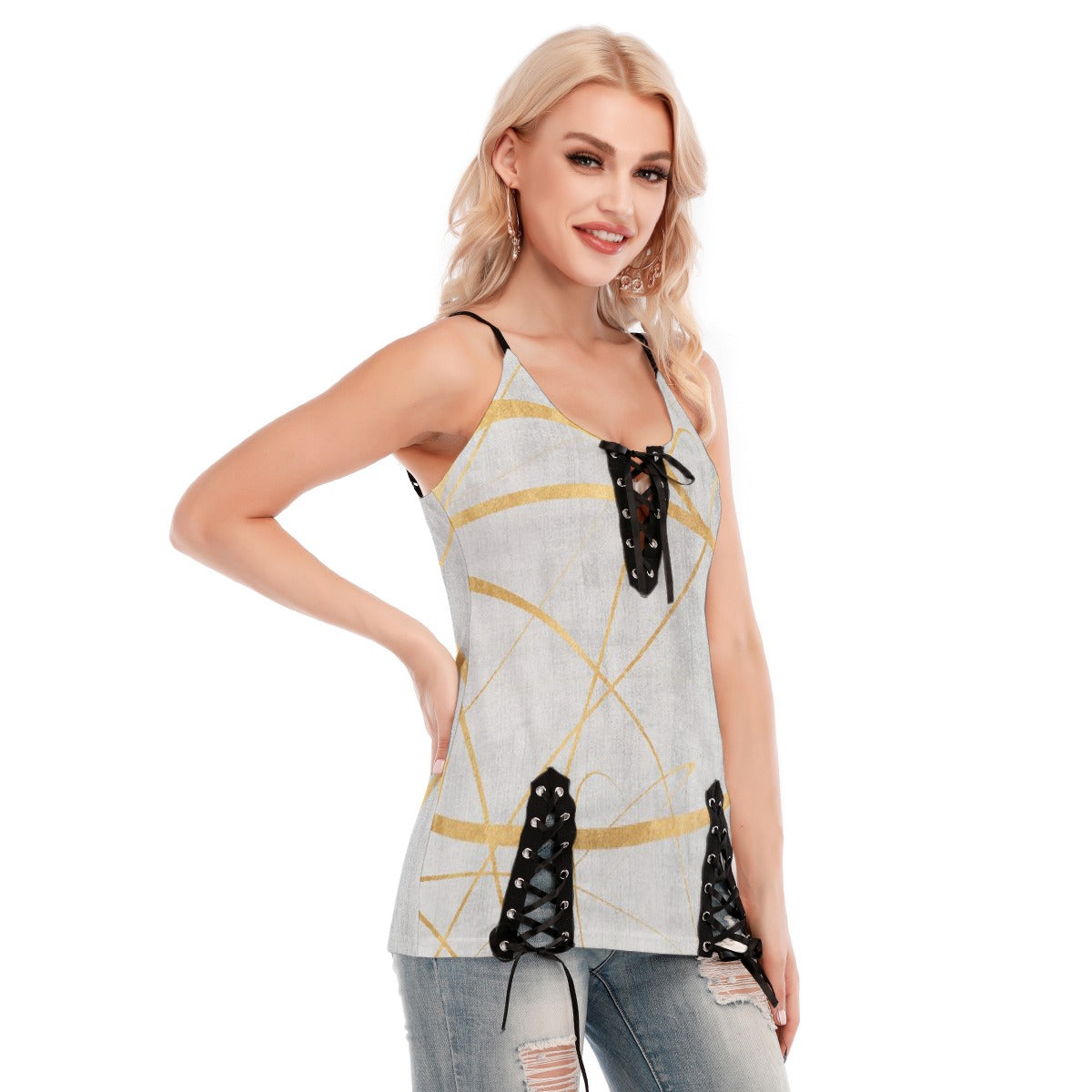 All-Over Print Women's V-neck Eyelet Lace-up Cami Dress