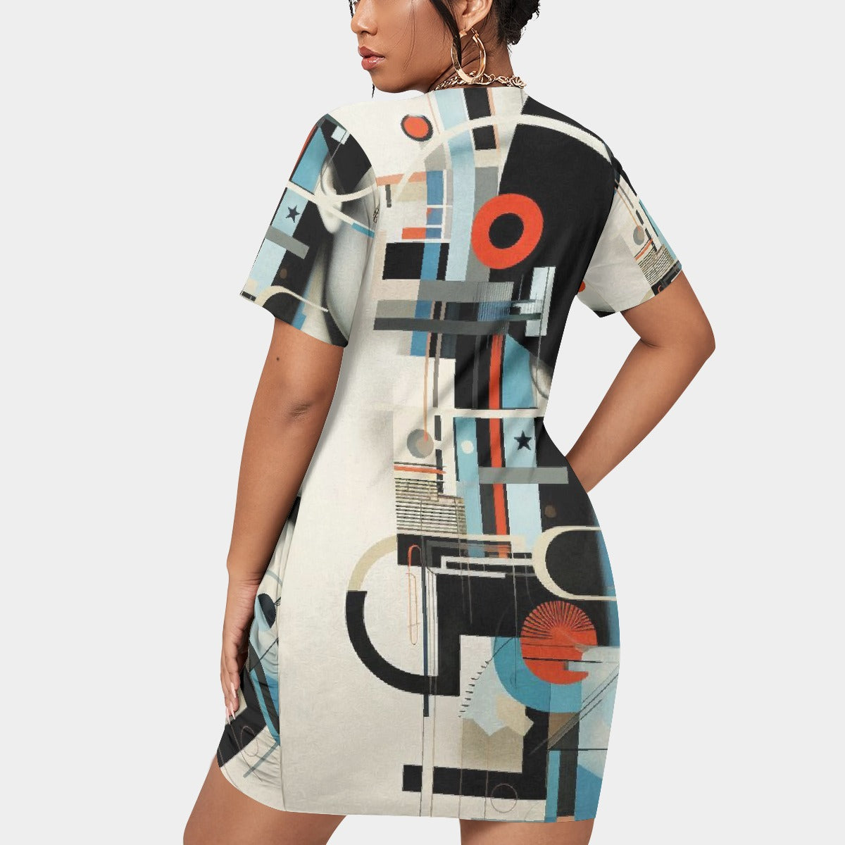 All-Over Print Women’s Stacked Hem Dress With Short Sleeve（Plus Size）