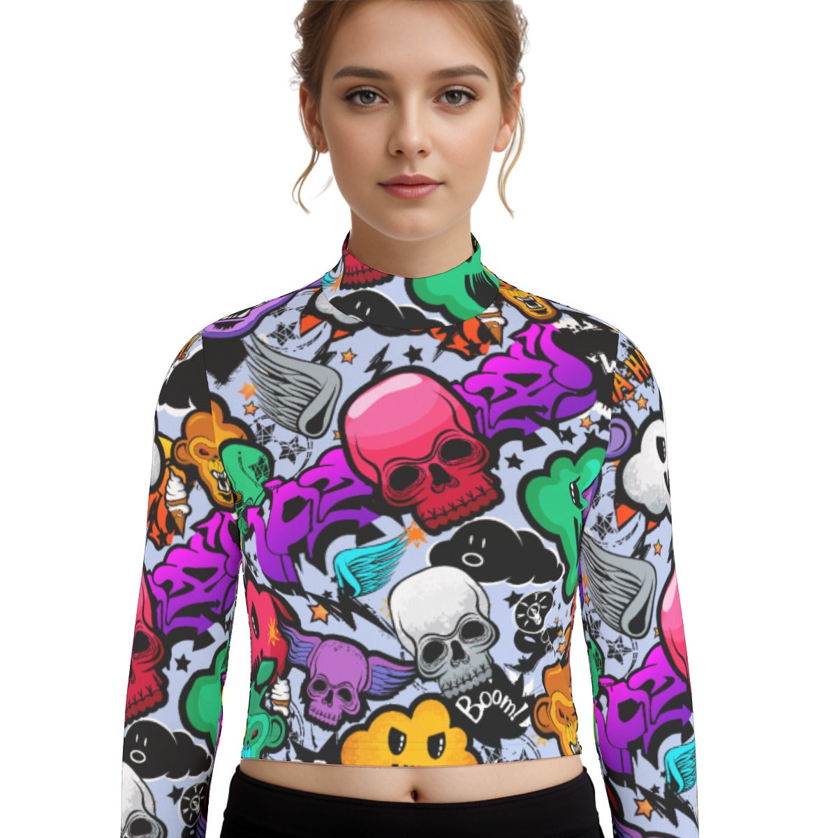 Eco-Friendly All-Over Print Women's Turtleneck T-shirt With Long Sleeve