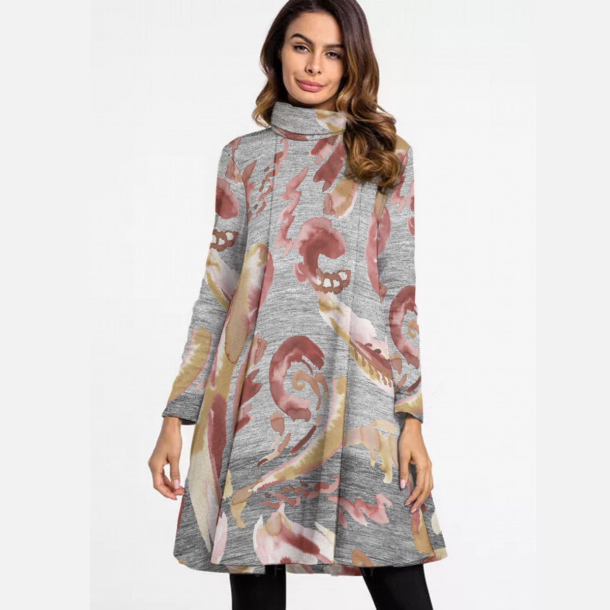 All-Over Print Women's High Neck Dress With Long Sleeve