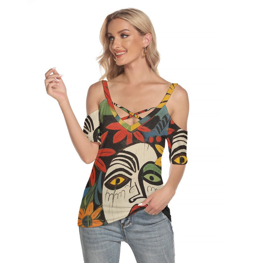 All-Over Print Women's Cold Shoulder T-shirt With Criss Cross Strips