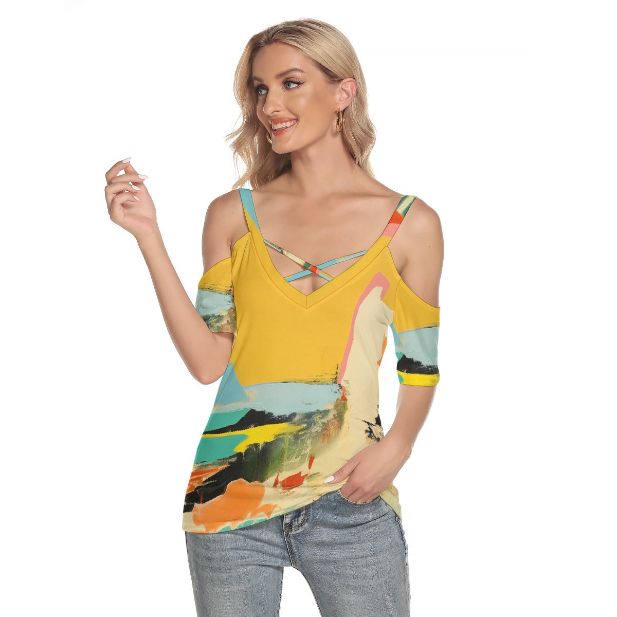 All-Over Print Women's Cold Shoulder T-shirt With Criss Cross Strips