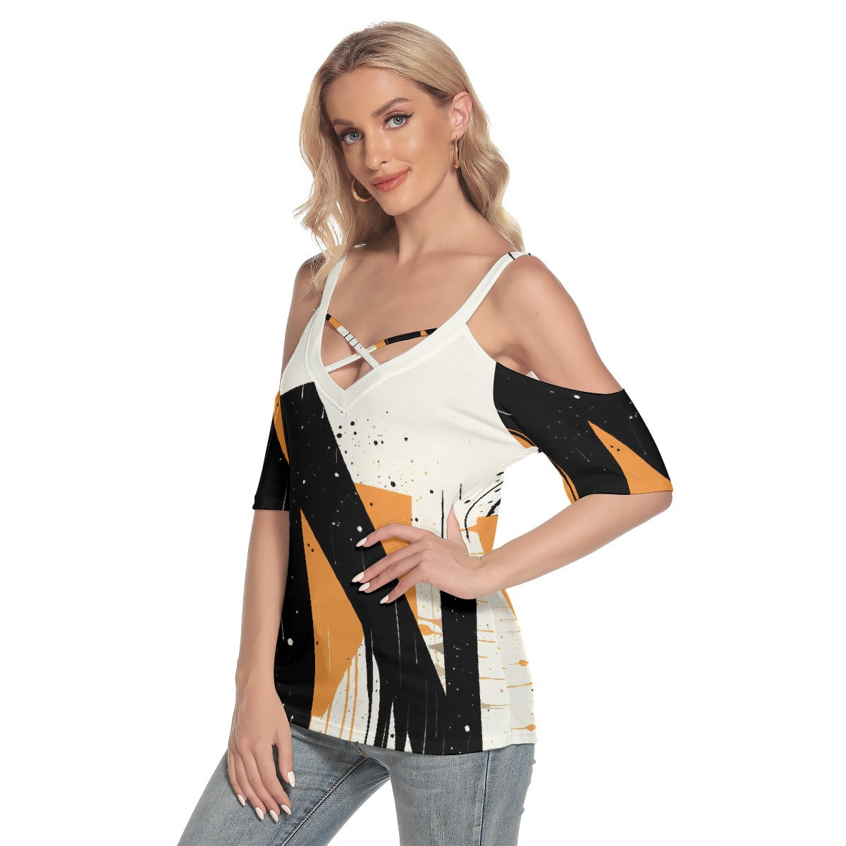 All-Over Print Women's Cold Shoulder T-shirt With Criss Cross Strips