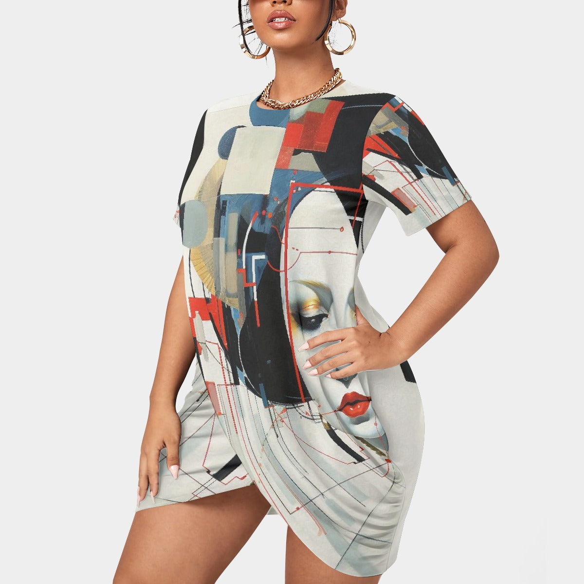 All-Over Print Women’s Stacked Hem Dress With Short Sleeve（Plus Size）