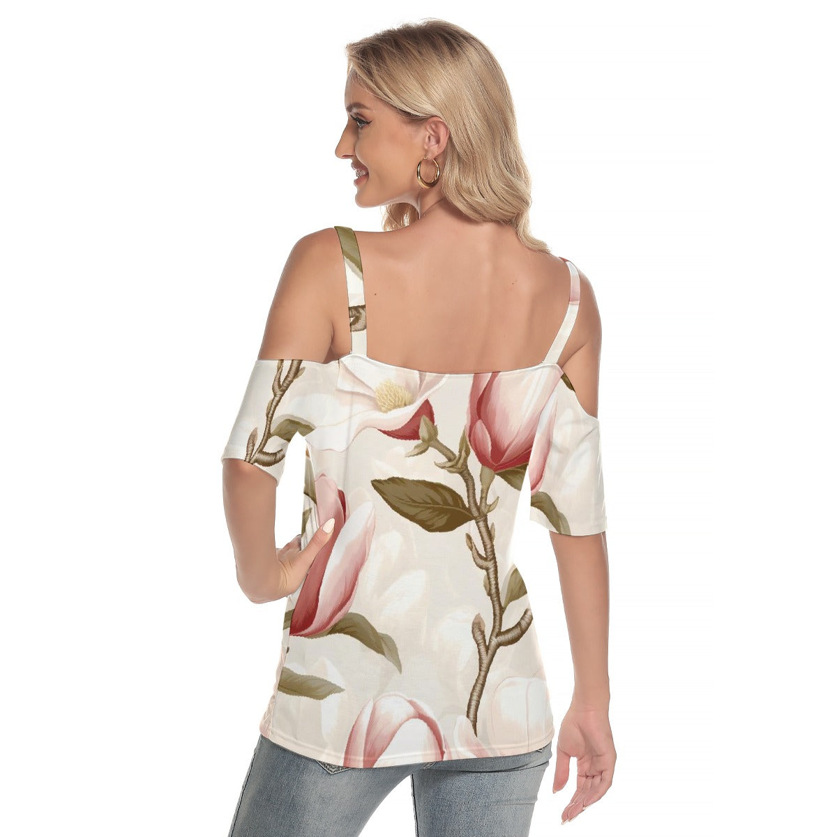 All-Over Print Women's Cold Shoulder T-shirt With Criss Cross Strips