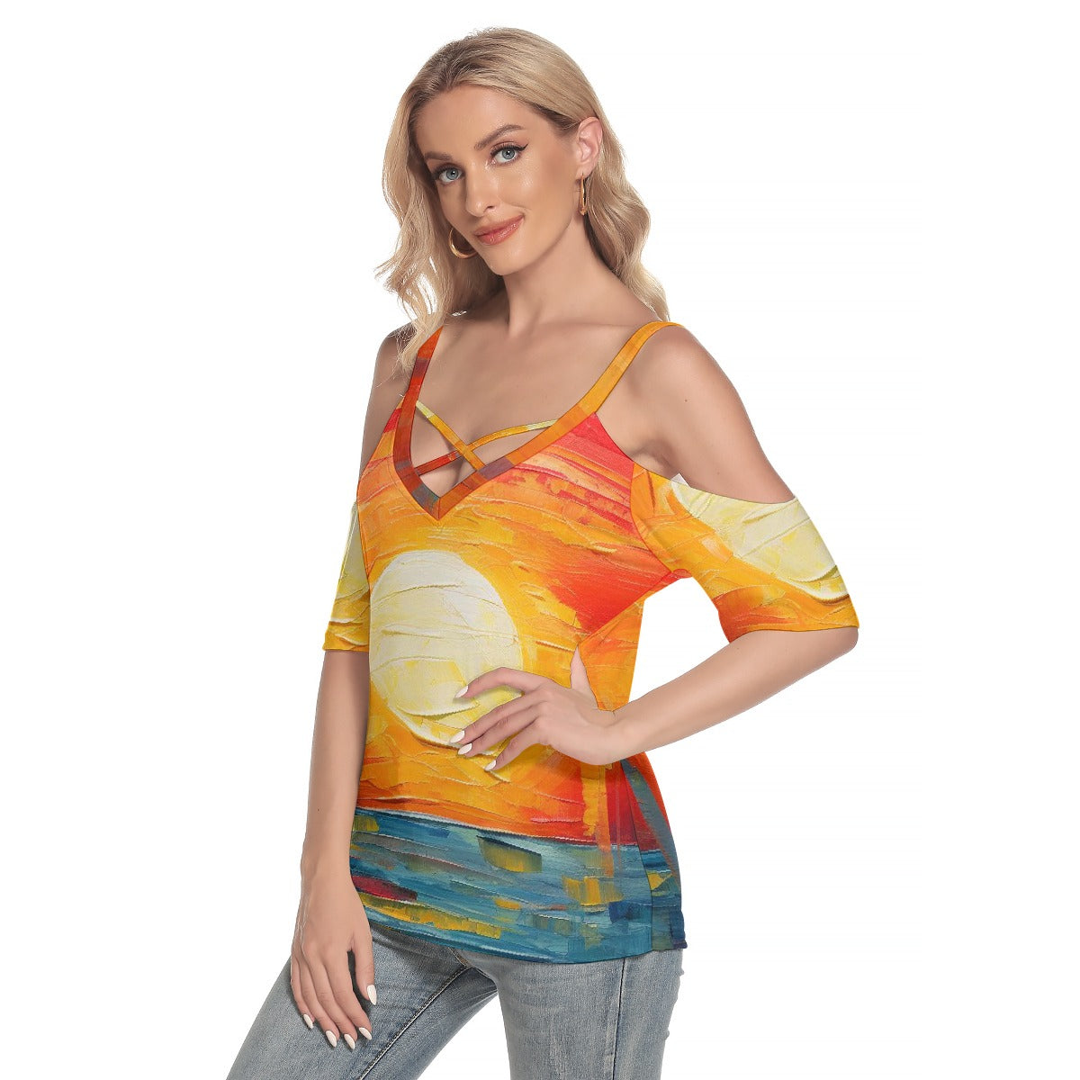 All-Over Print Women's Cold Shoulder T-shirt With Criss Cross Strips