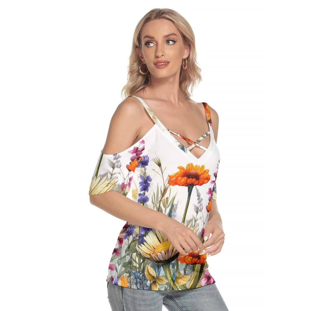 All-Over Print Women's Cold Shoulder T-shirt With Criss Cross Strips