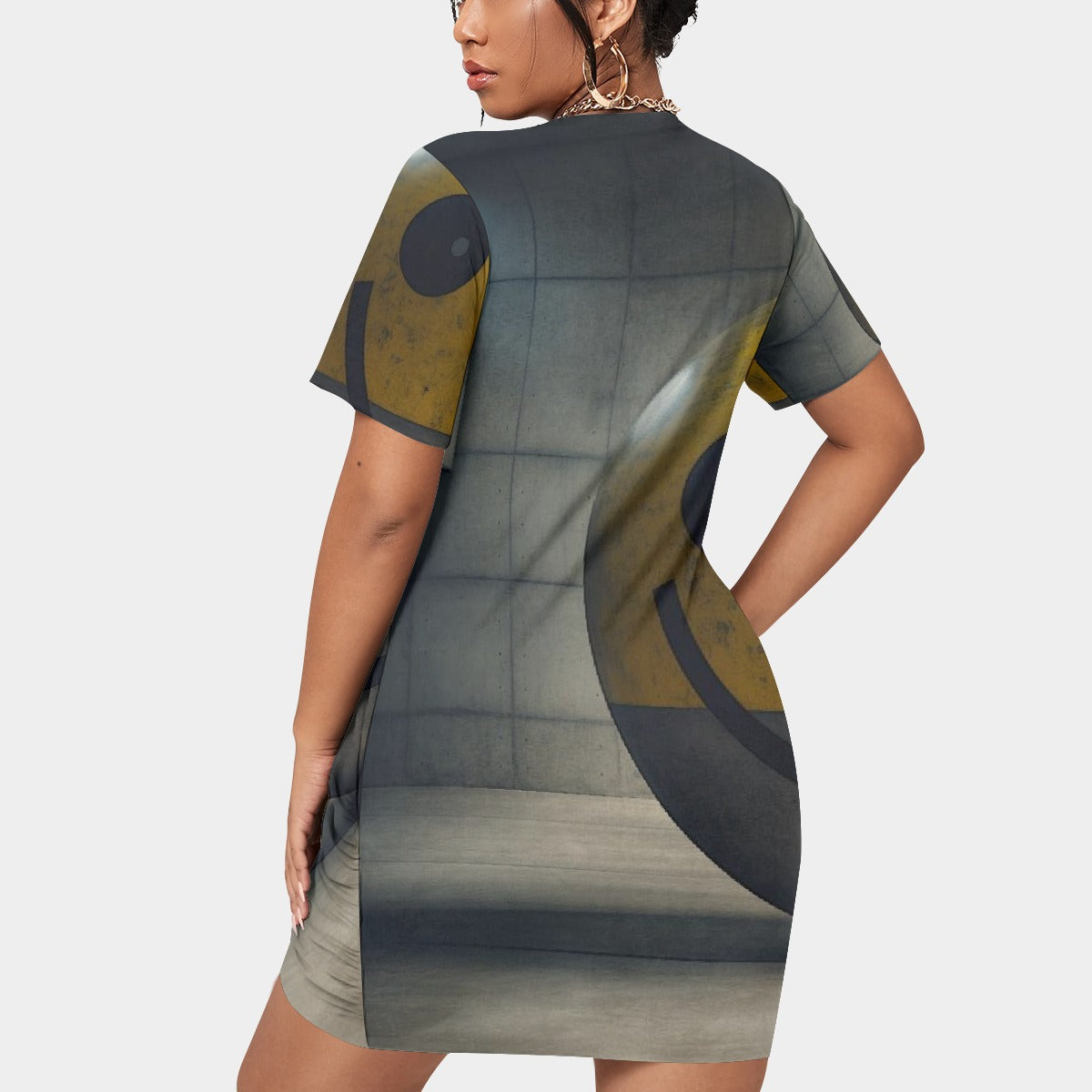 All-Over Print Women’s Stacked Hem Dress With Short Sleeve（Plus Size）