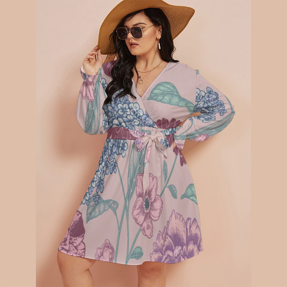 All-Over Print Women's V-neck Dress With Waistband(Plus Size)