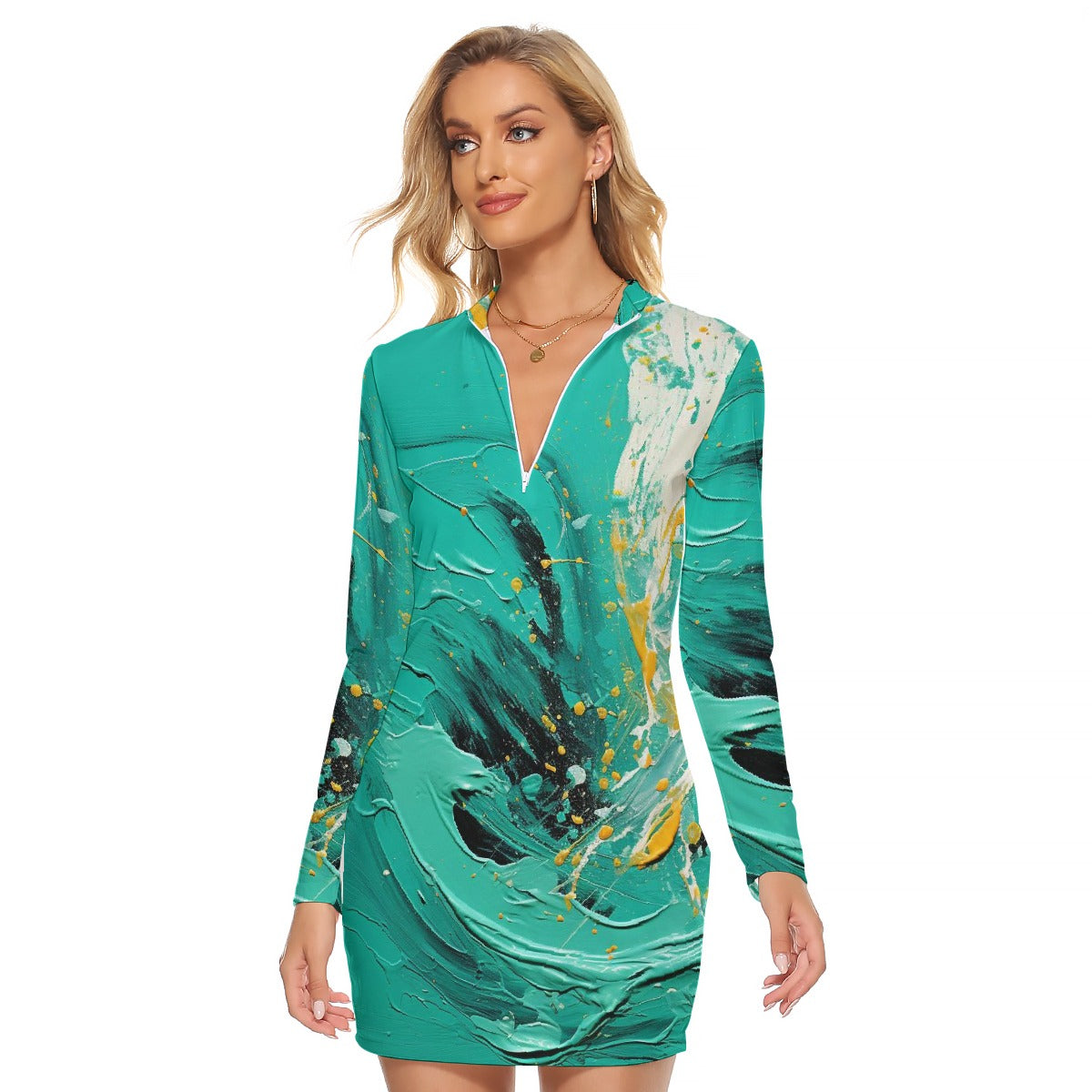 All-Over Print Women's Zip Front Tight Dress