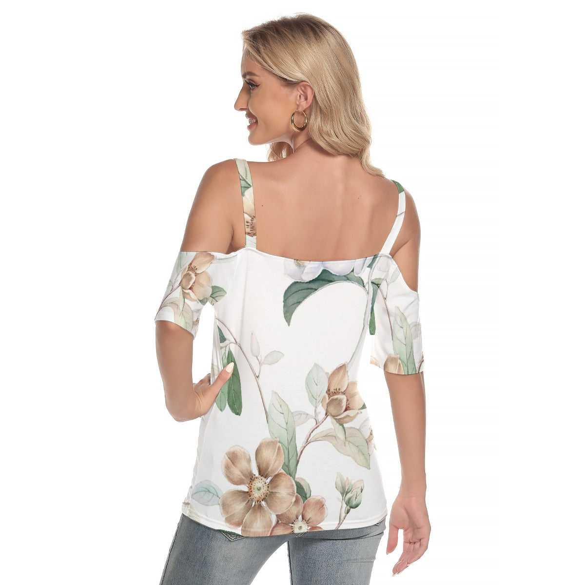 All-Over Print Women's Cold Shoulder T-shirt With Criss Cross Strips