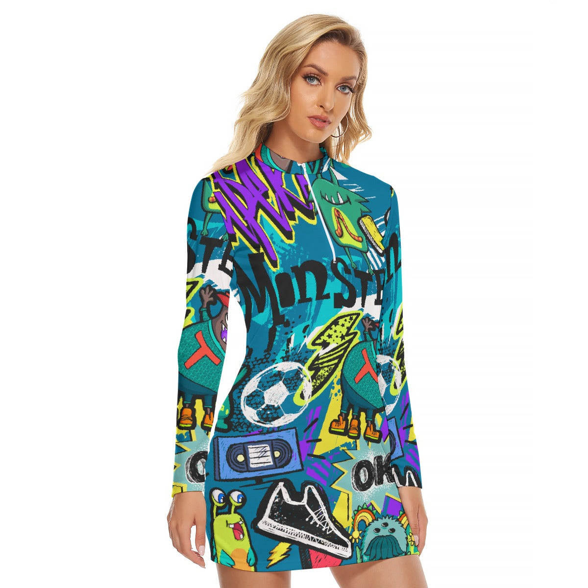 All-Over Print Women's Zip Front Tight Dress