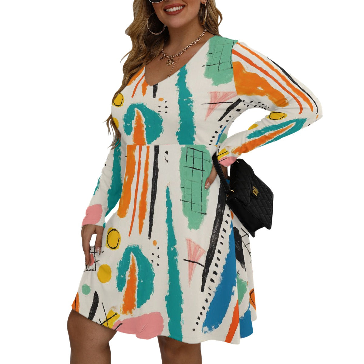 All-Over Print Women's V-neck Long Sleeve Dress(Plus Size)