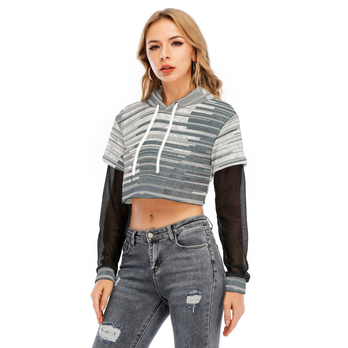 All-Over Print Women's Fake Two-piece Mesh Sleeve Cropped Hoodie