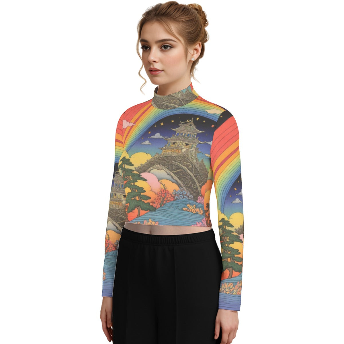 Eco-Friendly All-Over Print Women's Turtleneck T-shirt With Long Sleeve