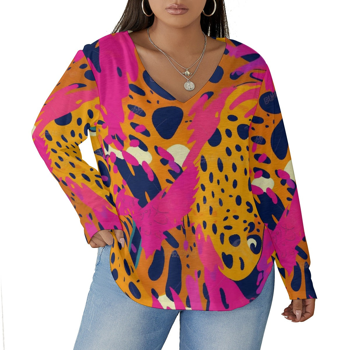 All-Over Print Women's V-neck T-shirt With Curved Hem(Plus Size)