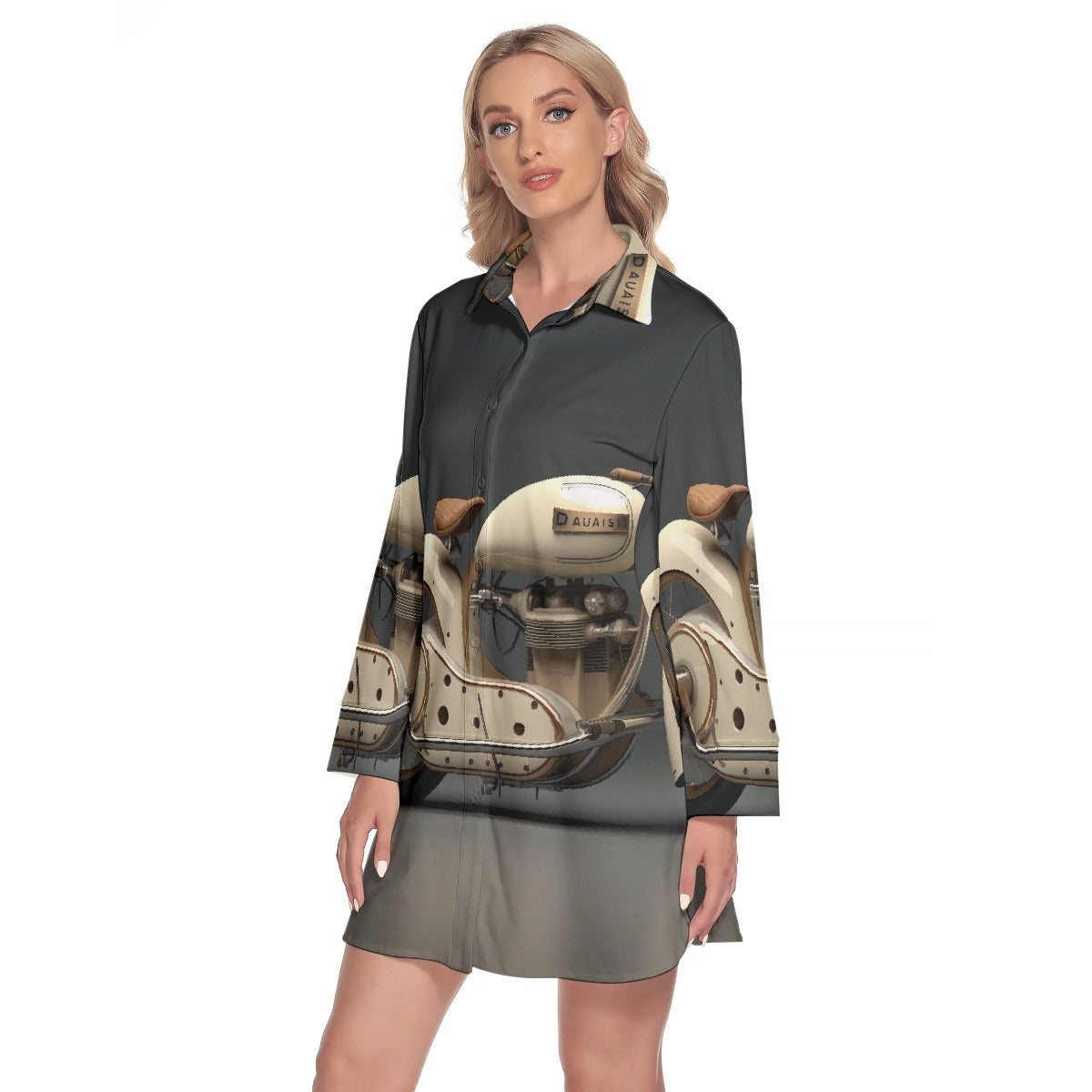 All-Over Print Women's Lapel Shirt Dress With Long Sleeve