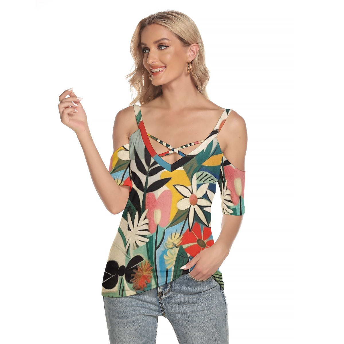 All-Over Print Women's Cold Shoulder T-shirt With Criss Cross Strips