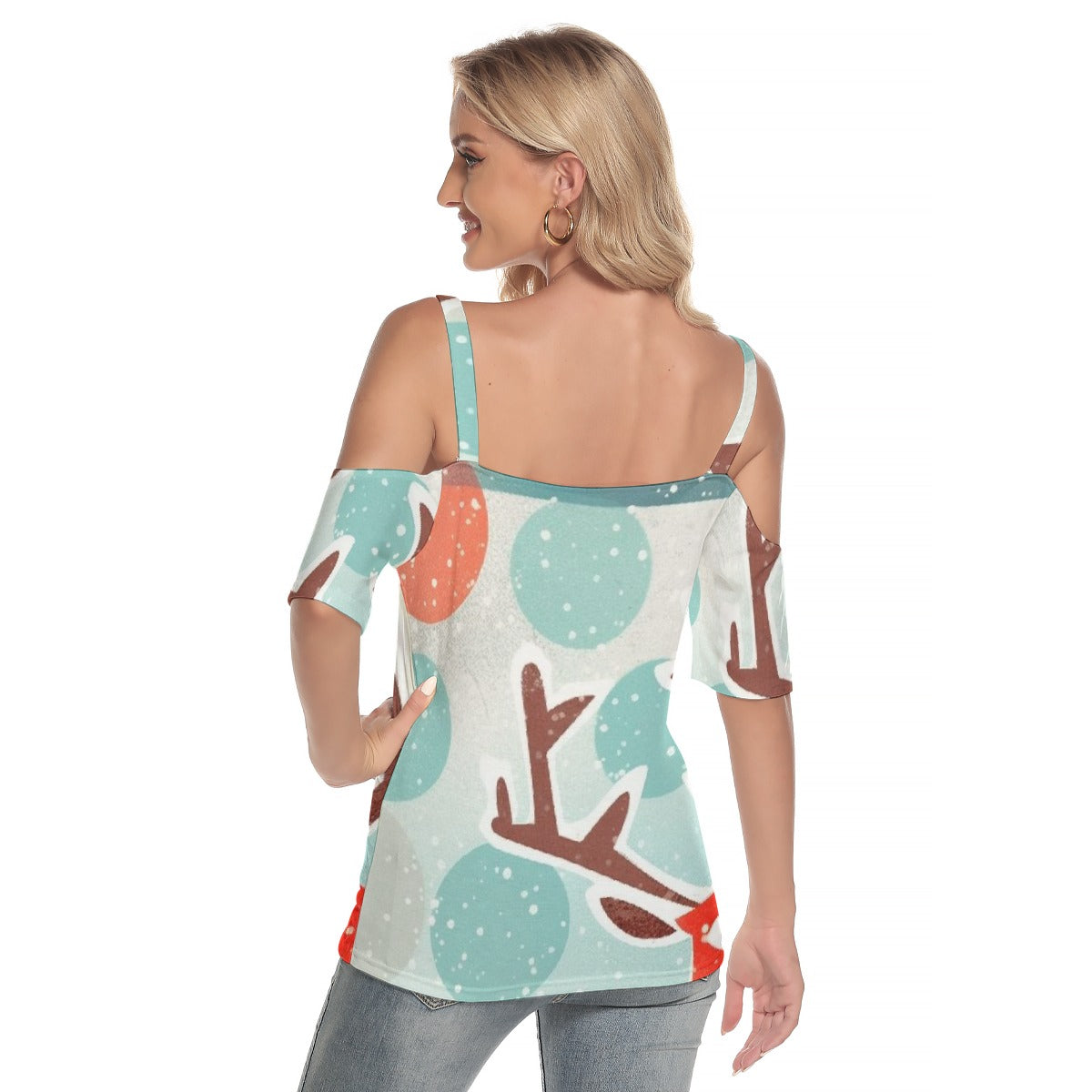 All-Over Print Women's Cold Shoulder T-shirt With Criss Cross Strips