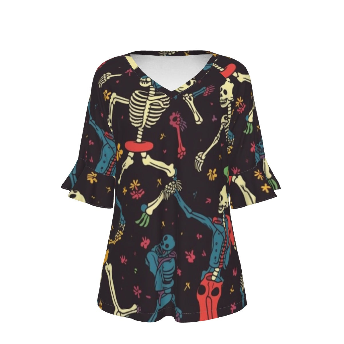 All-Over Print V-neck Women's T-shirt With Bell Sleeve