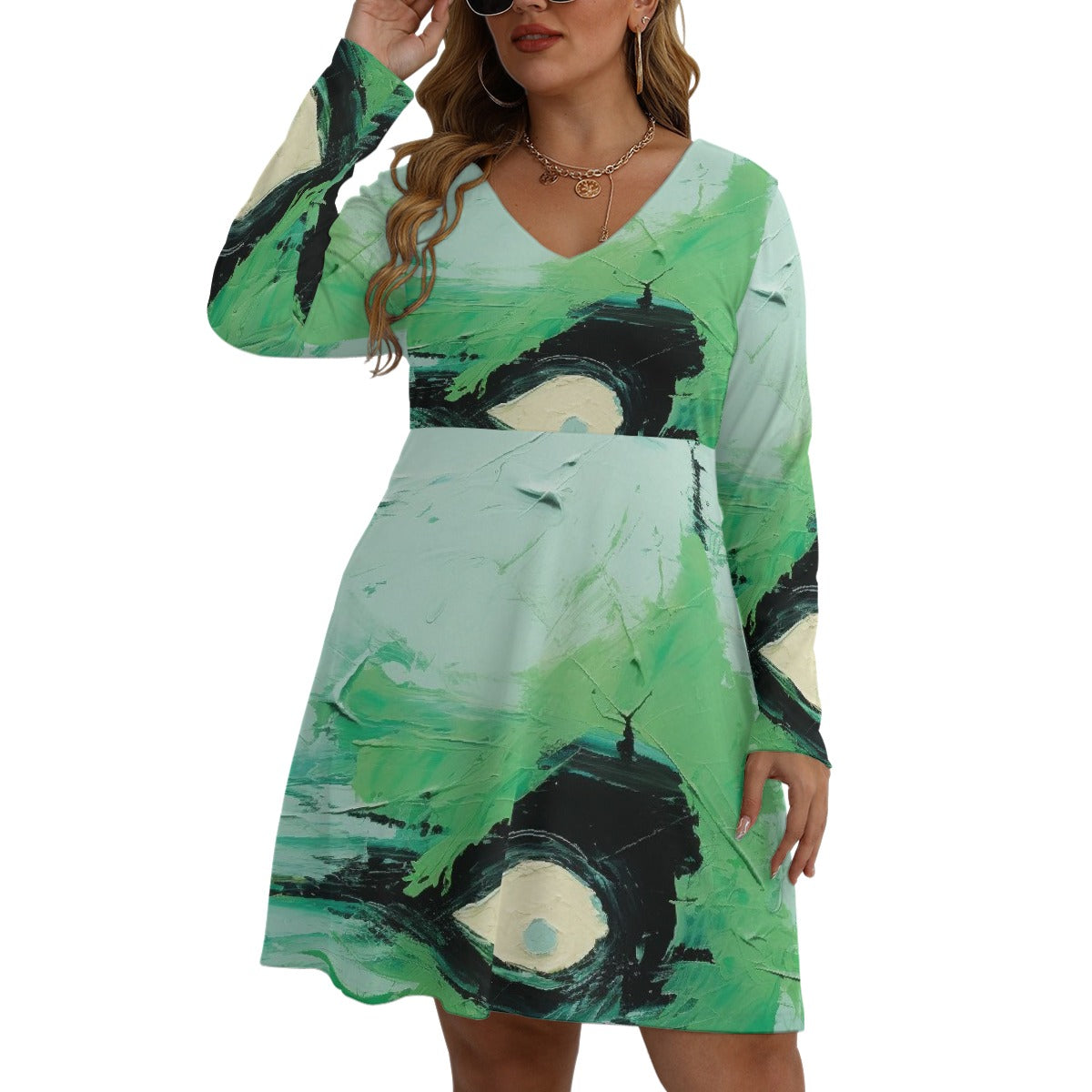 All-Over Print Women's V-neck Long Sleeve Dress(Plus Size)