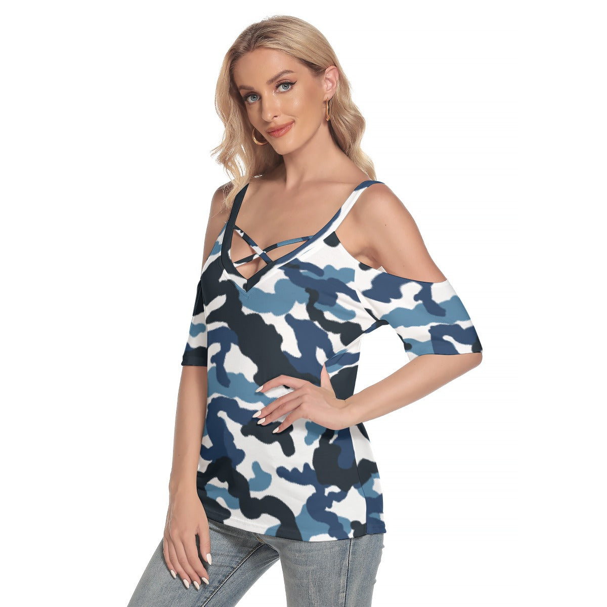 All-Over Print Women's Cold Shoulder T-shirt With Criss Cross Strips