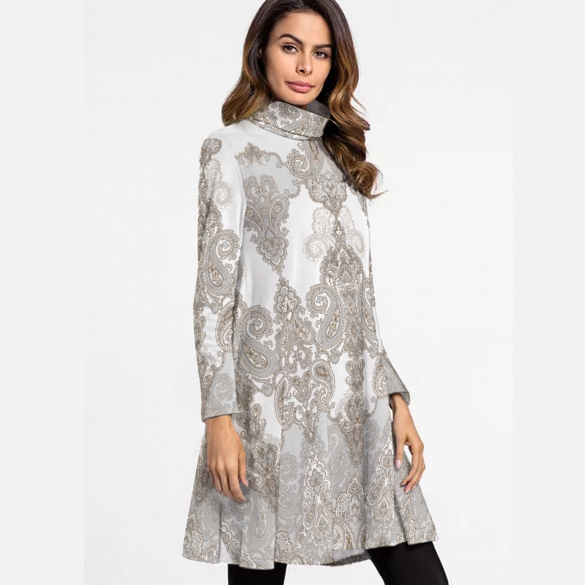 All-Over Print Women's High Neck Dress With Long Sleeve