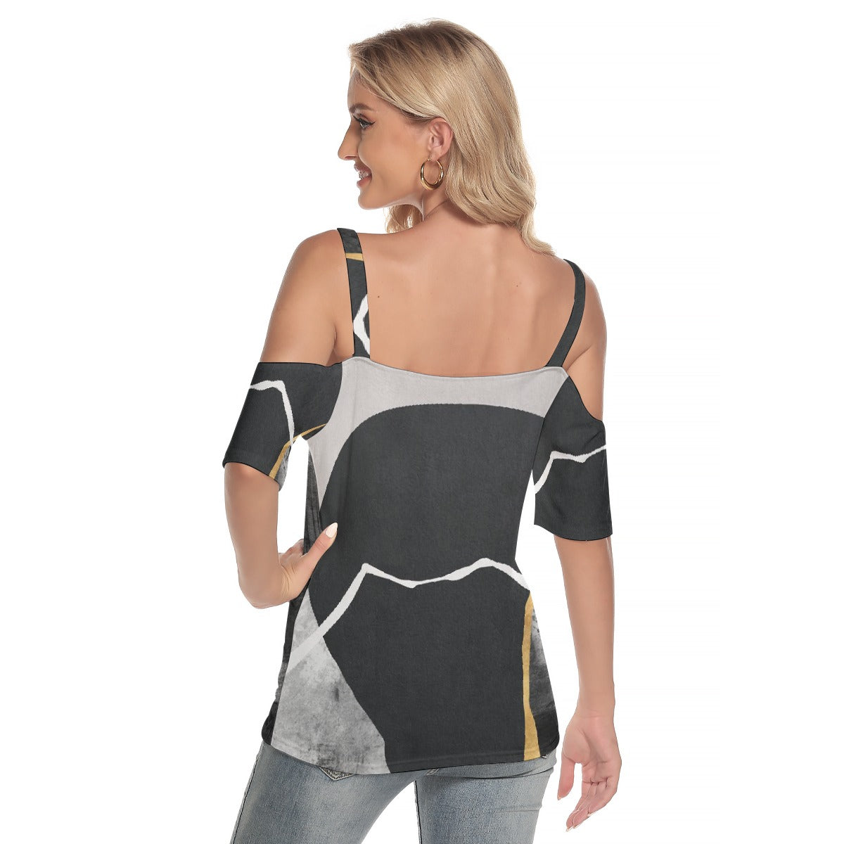 All-Over Print Women's Cold Shoulder T-shirt With Criss Cross Strips