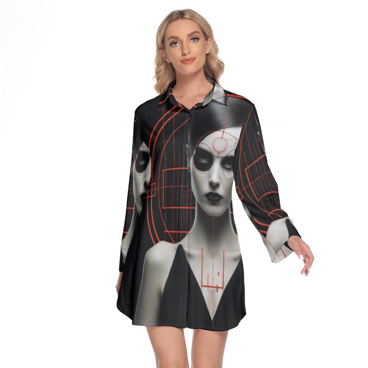 All-Over Print Women's Lapel Shirt Dress With Long Sleeve