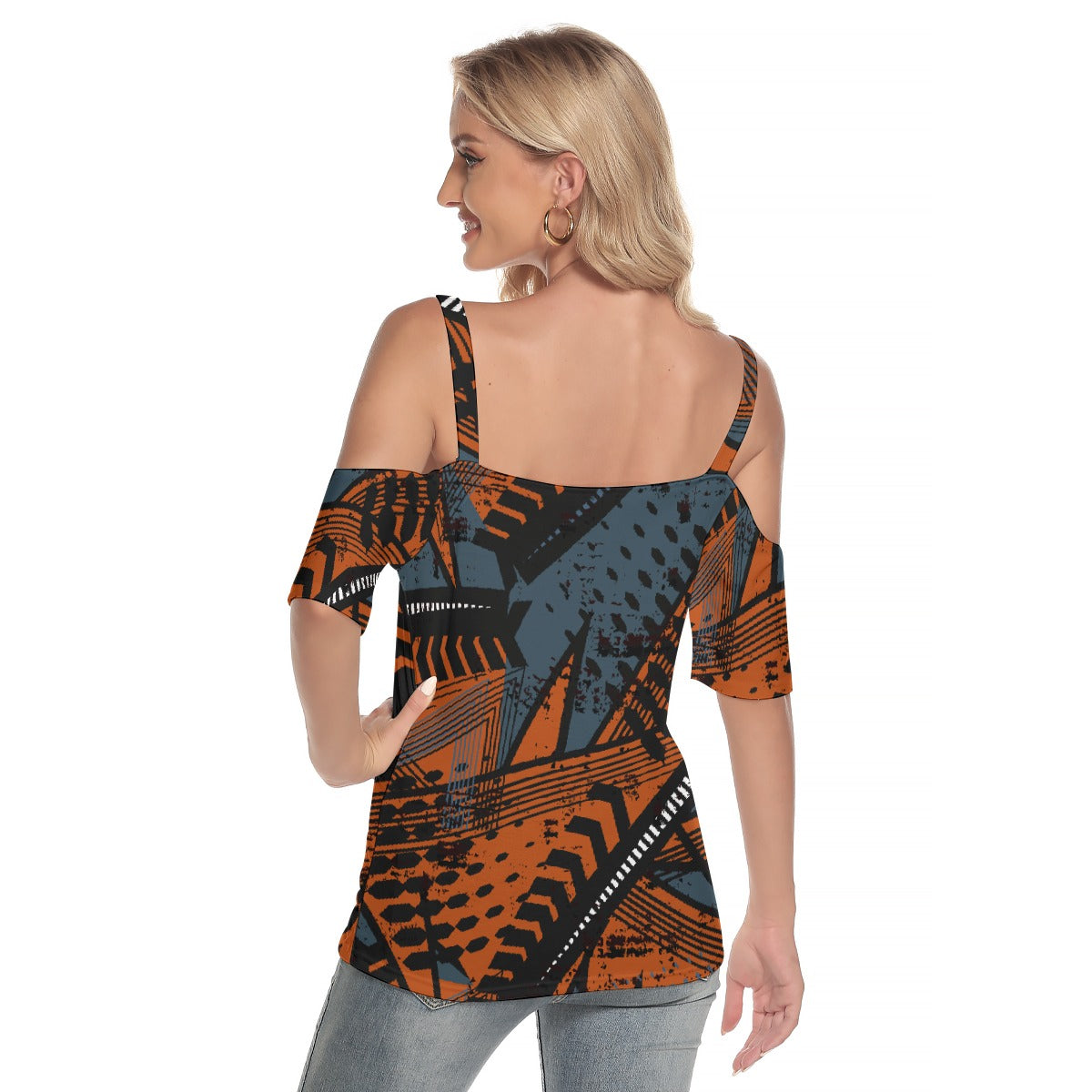 All-Over Print Women's Cold Shoulder T-shirt With Criss Cross Strips