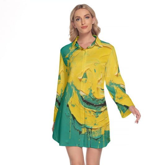 All-Over Print Women's Lapel Shirt Dress With Long Sleeve