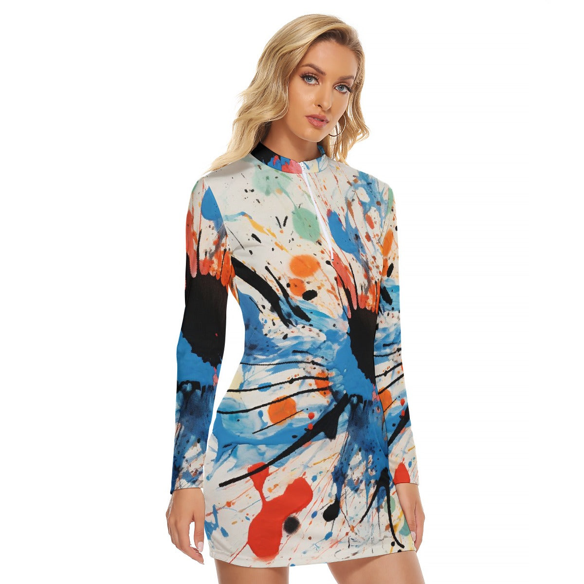 All-Over Print Women's Zip Front Tight Dress