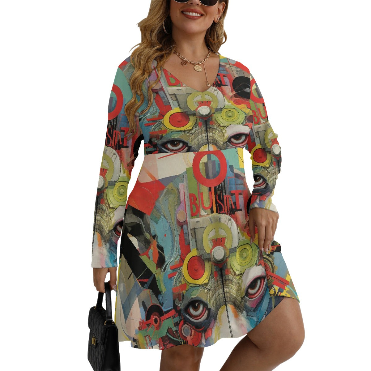 All-Over Print Women's V-neck Long Sleeve Dress(Plus Size)