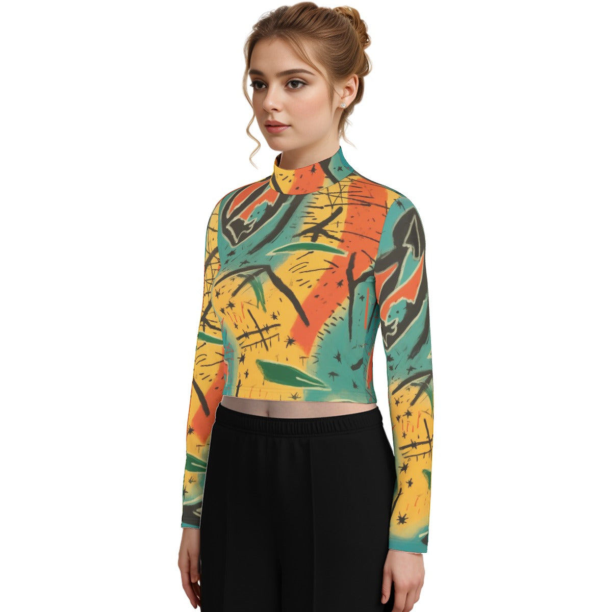 Eco-Friendly All-Over Print Women's Turtleneck T-shirt With Long Sleeve