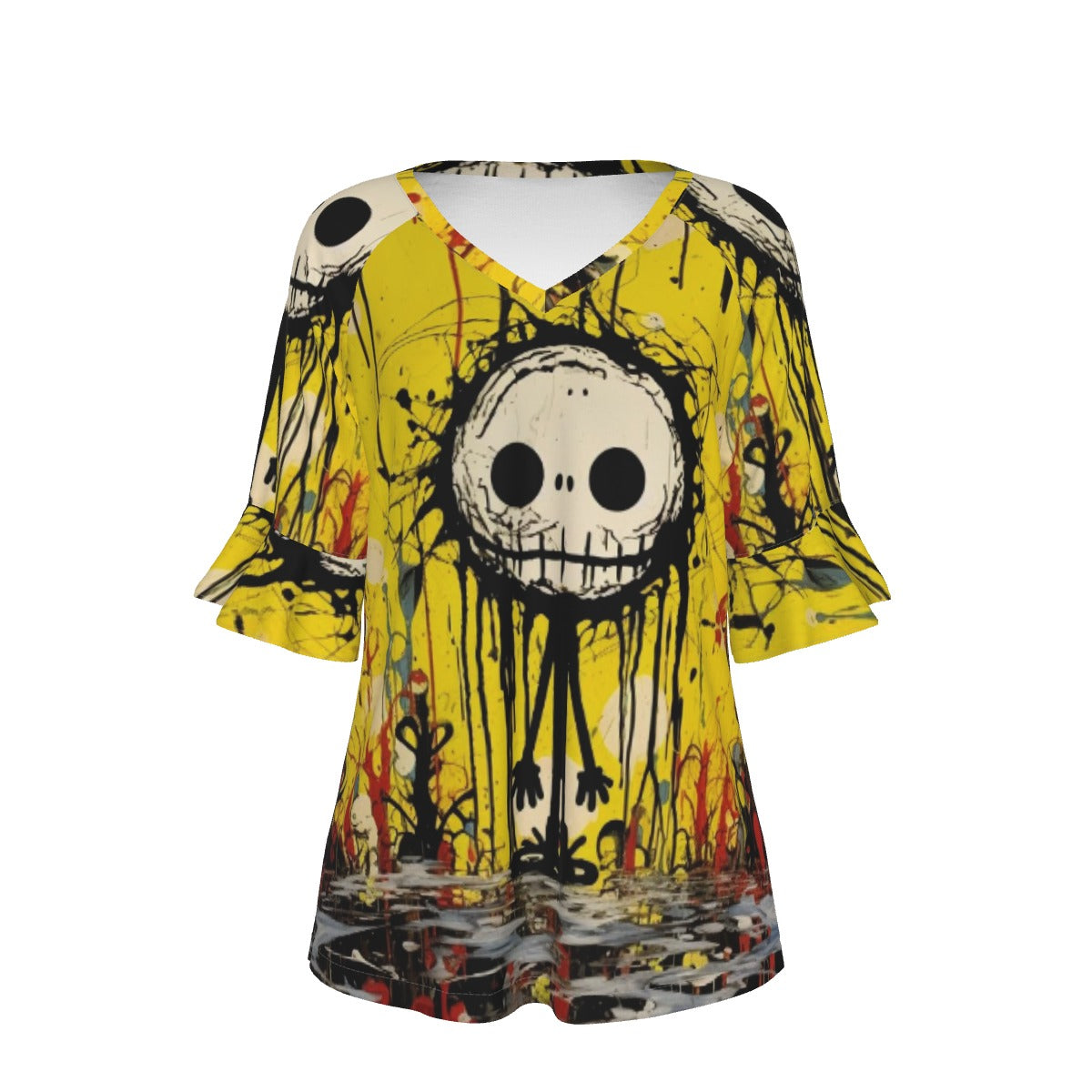 All-Over Print V-neck Women's T-shirt With Bell Sleeve