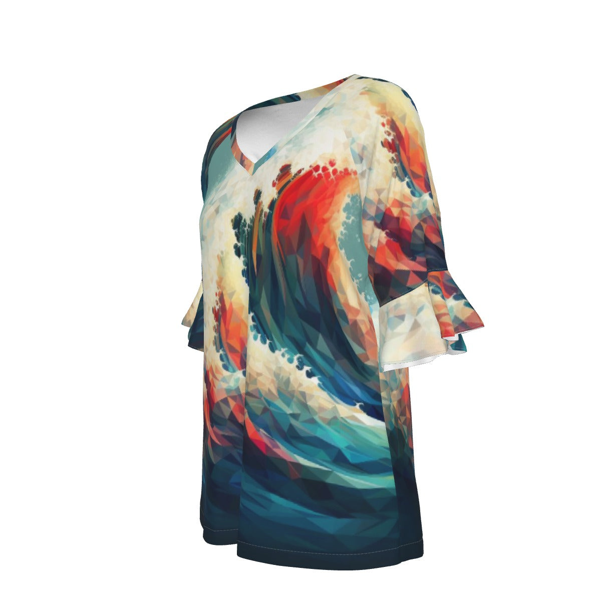 All-Over Print V-neck Women's T-shirt With Bell Sleeve