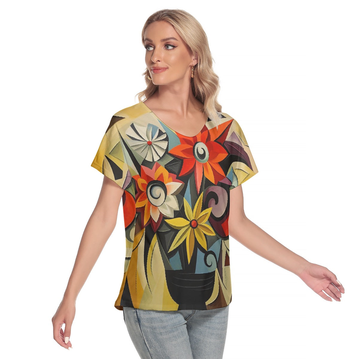 All-Over Print Women's Loose V-neck Short Sleeve T-shirt