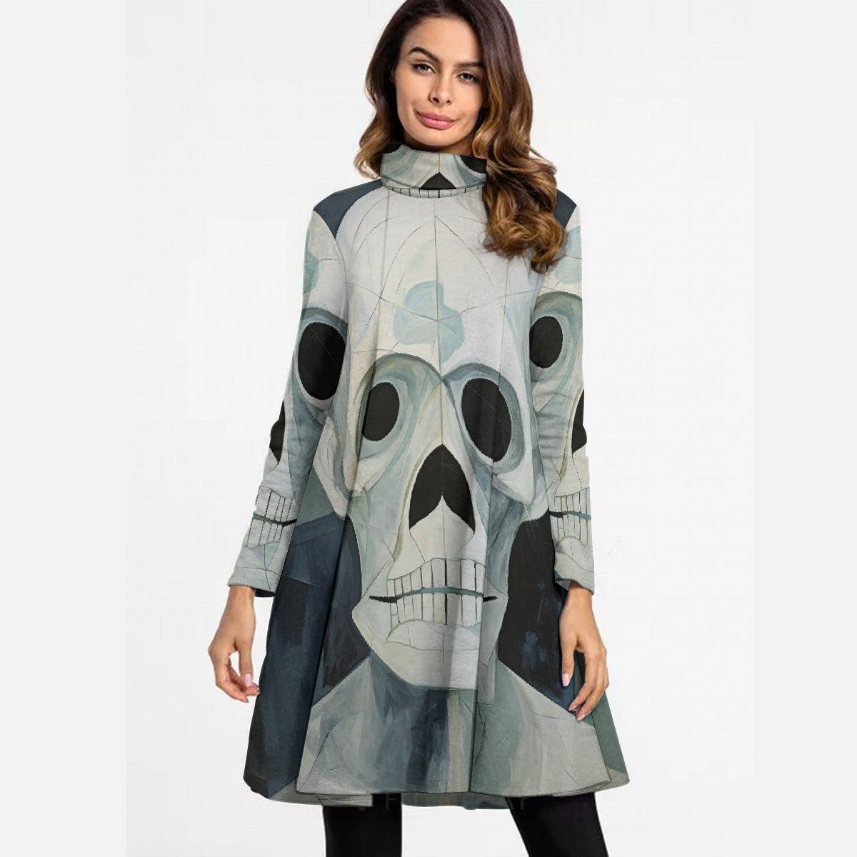 All-Over Print Women's High Neck Dress With Long Sleeve