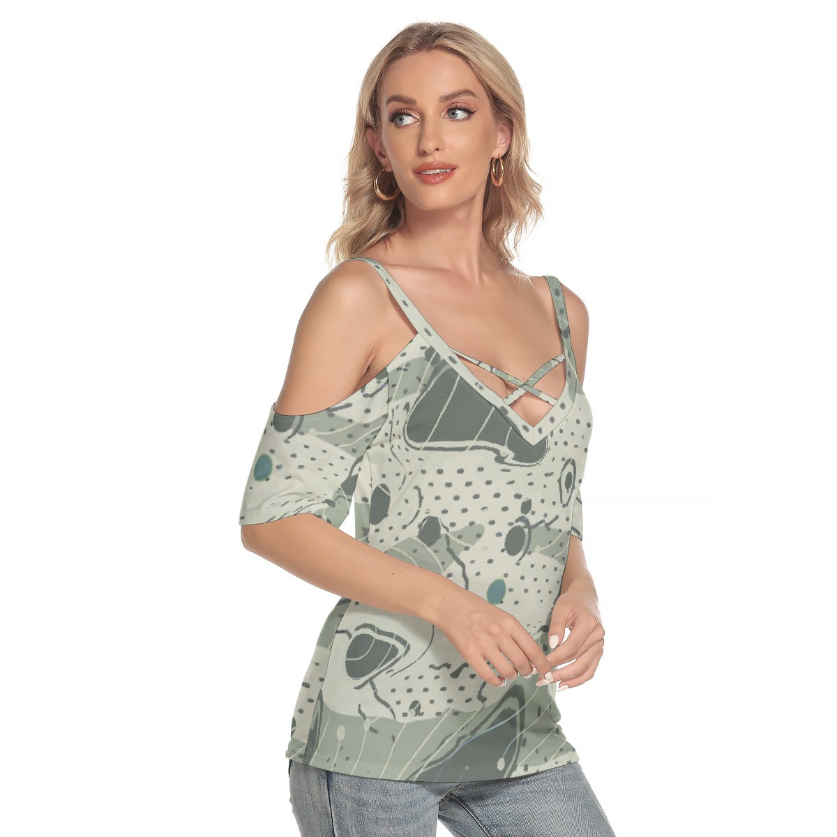 All-Over Print Women's Cold Shoulder T-shirt With Criss Cross Strips