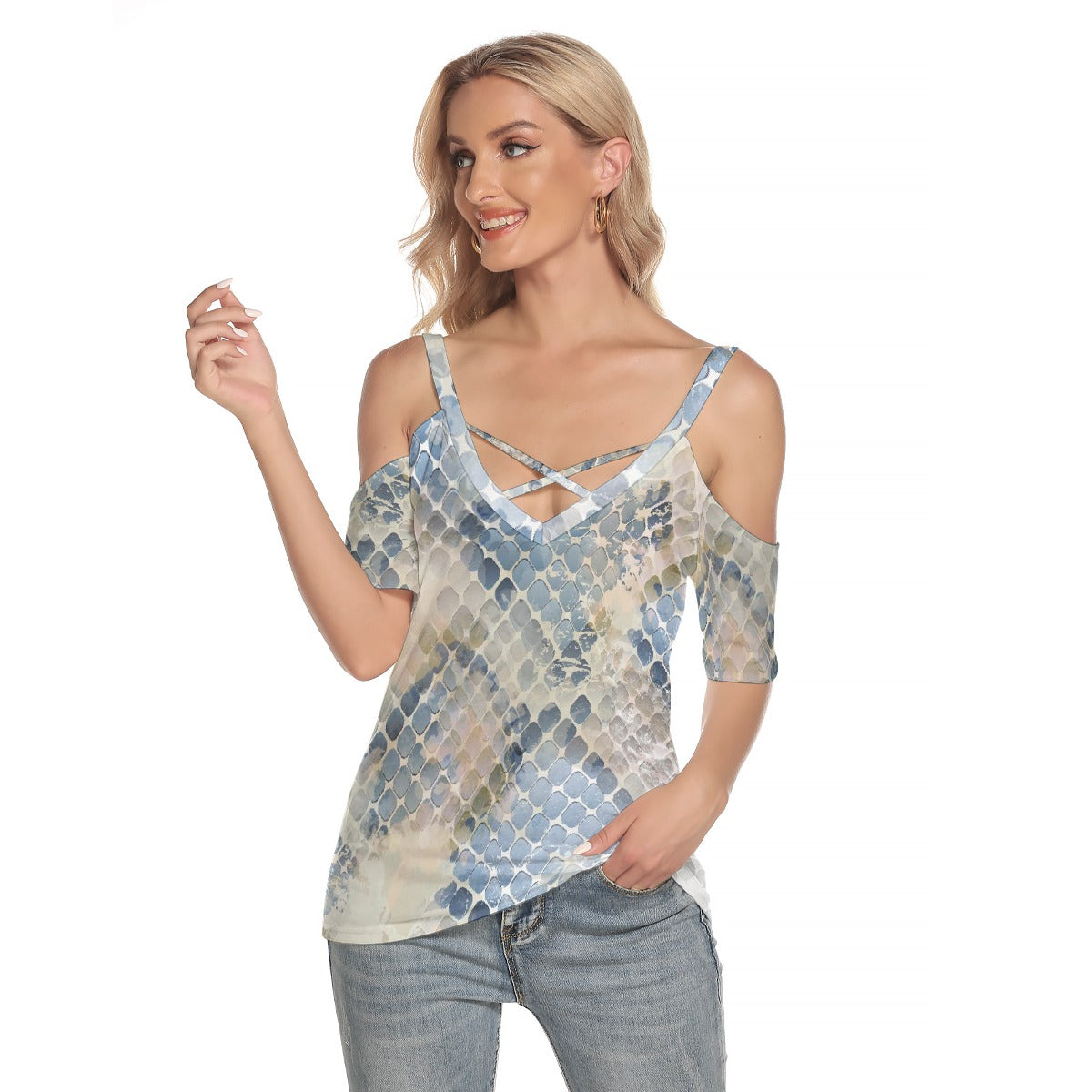 All-Over Print Women's Cold Shoulder T-shirt With Criss Cross Strips