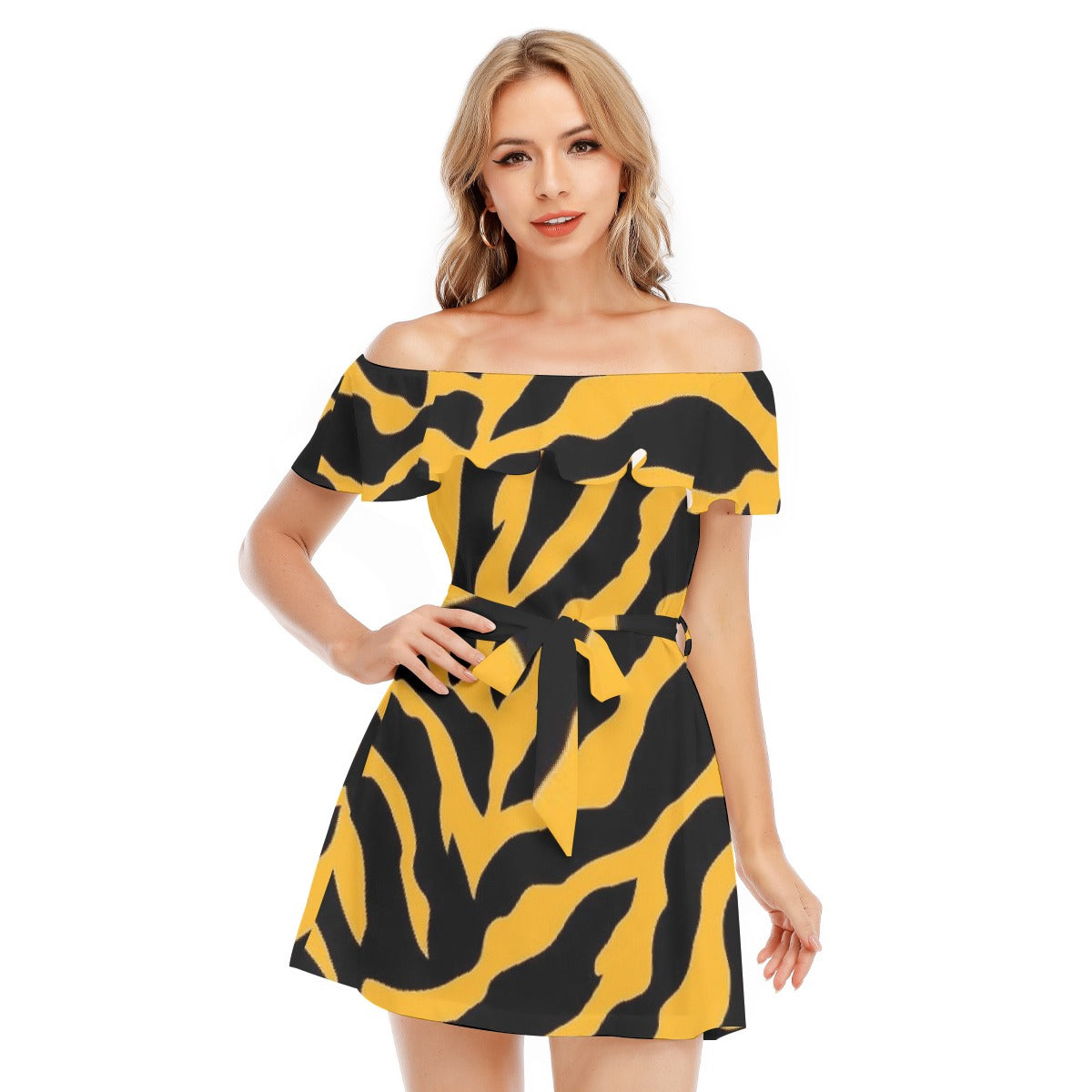 All-Over Print Women's Off-shoulder Dress With Ruffle