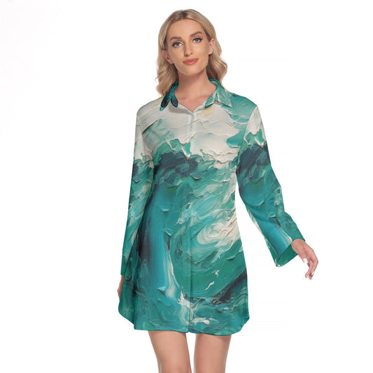 All-Over Print Women's Lapel Shirt Dress With Long Sleeve