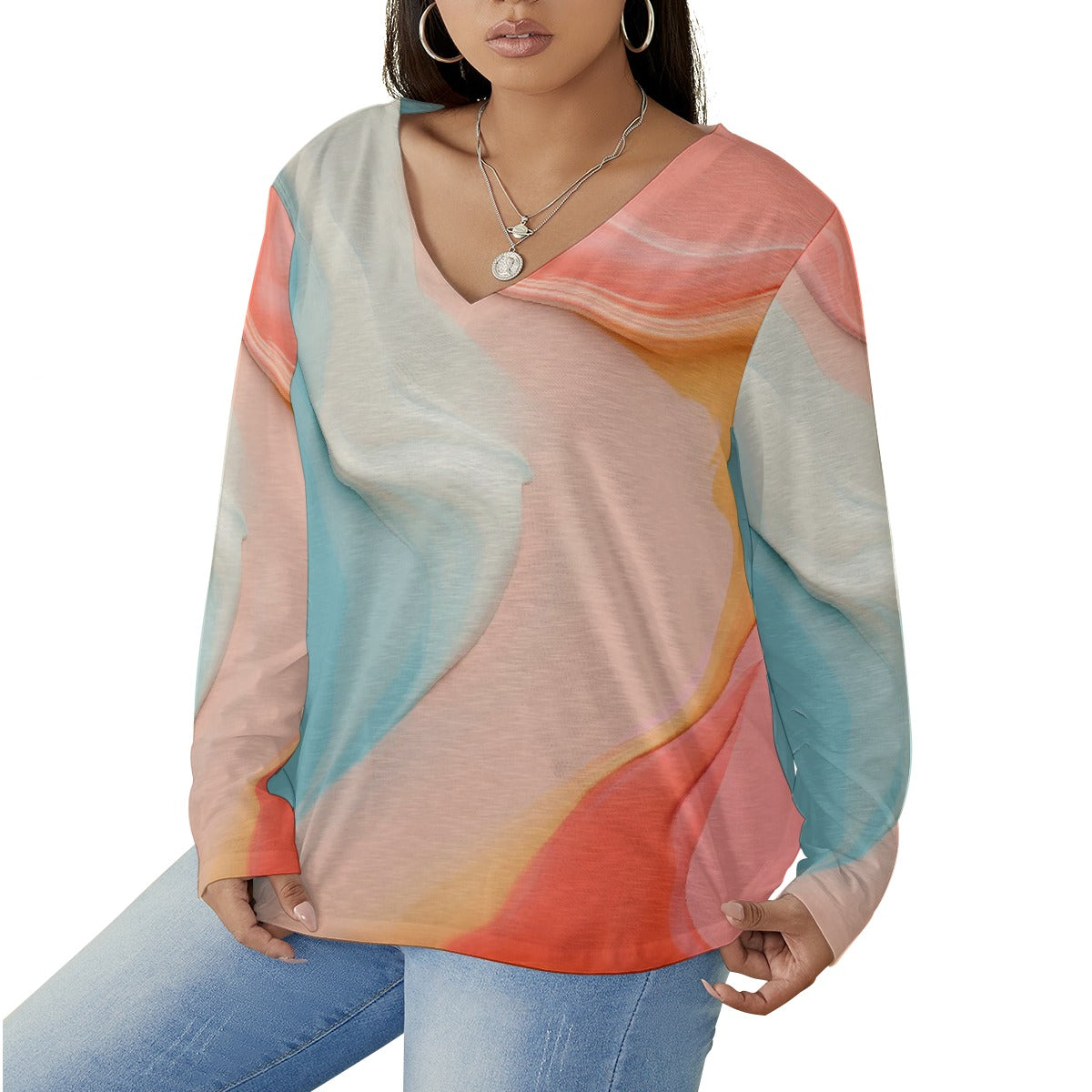 All-Over Print Women's V-neck T-shirt With Curved Hem(Plus Size)