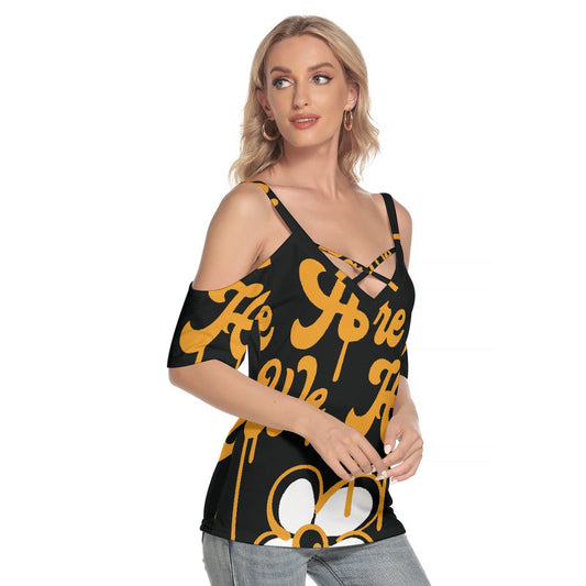 All-Over Print Women's Cold Shoulder T-shirt With Criss Cross Strips