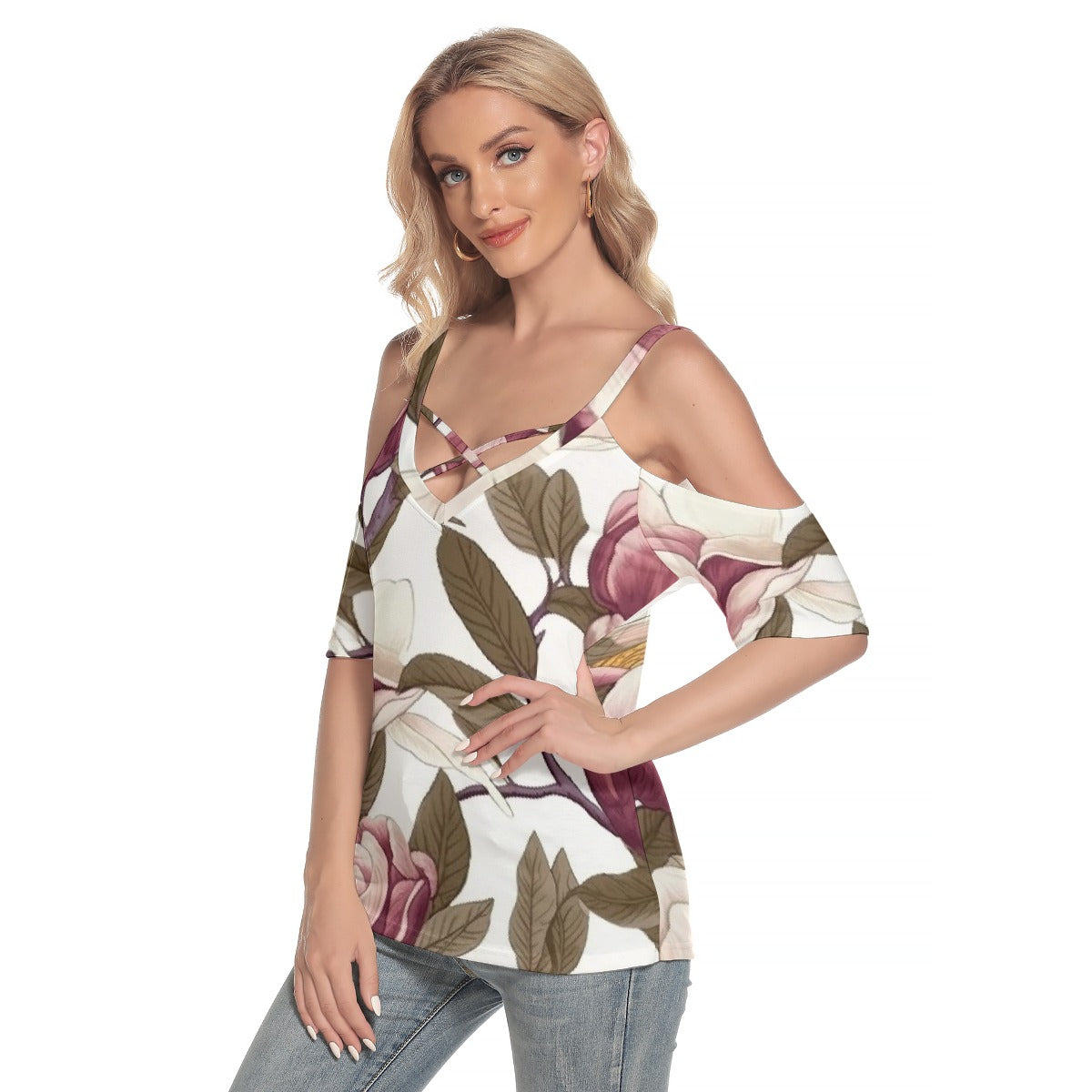 All-Over Print Women's Cold Shoulder T-shirt With Criss Cross Strips