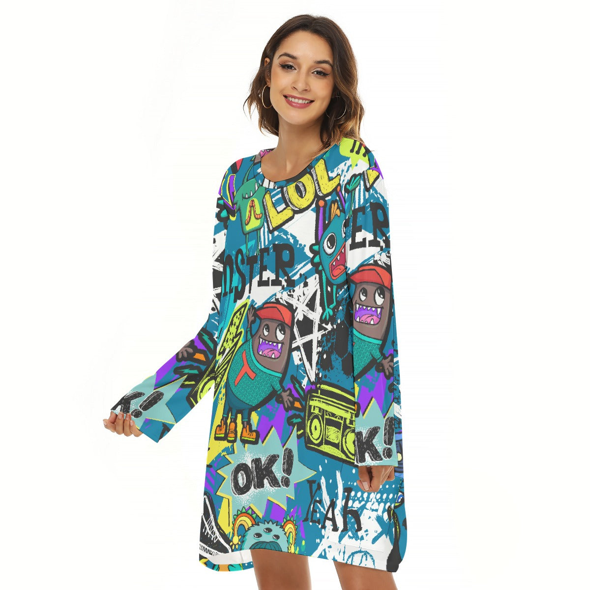 All-Over Print  Women's Loose Crew Neck Dress